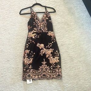 Black bodycon dress with rose gold sequence